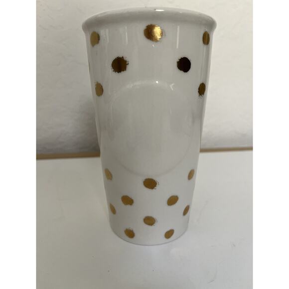 Starbucks Ceramic 2014 Gold Polka Dot Collection Travel Mug Tumbler w Lid 10 oz - Picture 2 of 12
